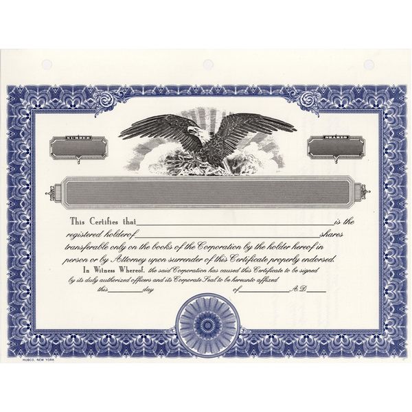 HUBCO Corporate Stock Certificates, Blank, Blue, 15-Pack