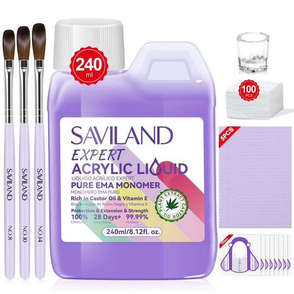 Saviland 240ml Monomer Acrylic Nail Liquid: Expert Pure EMA Monomer Plant Extract Nail Monomer Liquid Kit Professional Nail Extension Carving Acrylic Brush Dappen Dish Nail Table Mat Nail Tech Salon