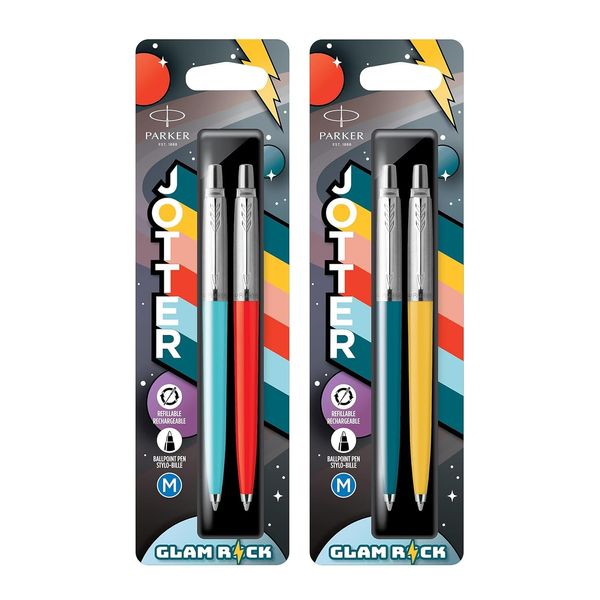 Parker Jotter Originals Ballpoint Pens | Pack of 4 | Glam Rock Collection | Azure Blue, Vermilion, Peacock Blue & Sunshine Yellow | Blue Ink