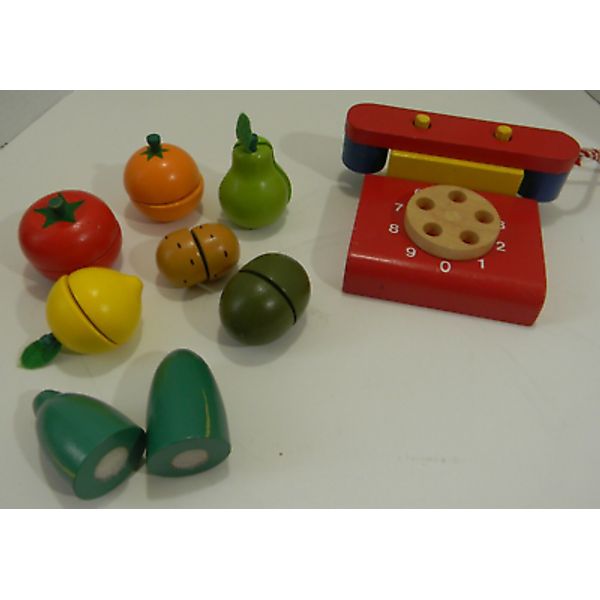 Set of wooden Montessori Style Toys Phone Play Food Sliceable