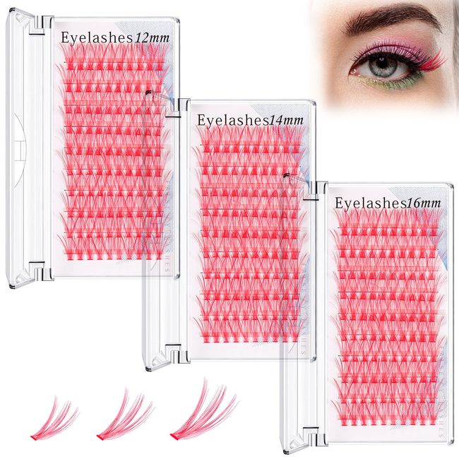 Dansib 270 Pcs Colored Lash Clusters 12/14/ 16mm Mixed Length Lash Individual Eyelash Clusters DIY Eyelashes Extensions Natural False Mink Eyelashes for Personal Makeup Use at Home (Pink)