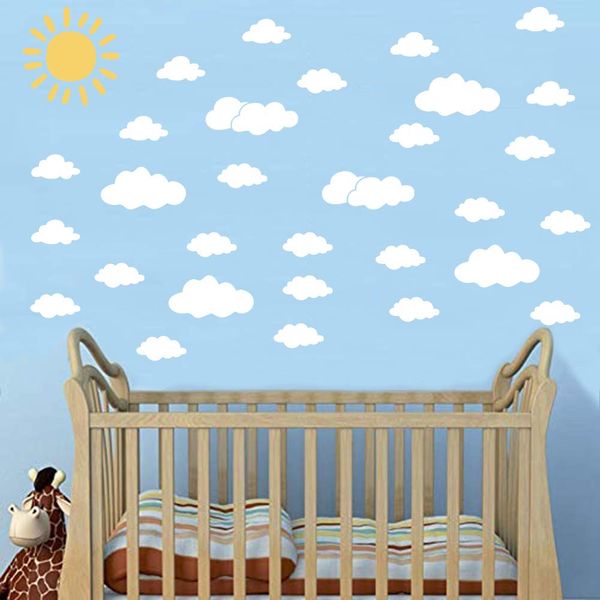 WMdecal Sun and 30PCS White Clouds Removable Vinyl Wall Decals Peel and Stick Wallpaper Stickers for Nursery Bedroom Living Room