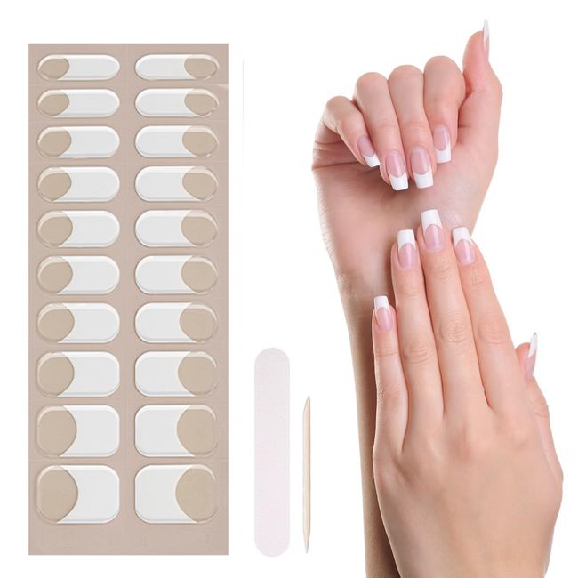 Semi Cured Gel Nail Strips, French Gel Nail Stickers, 20 Nail Wraps Soft Self-Adhesive Gel Nail Polish Strips, French Tip Stickers,French Manicure Stickers for Women Girls Nail Art