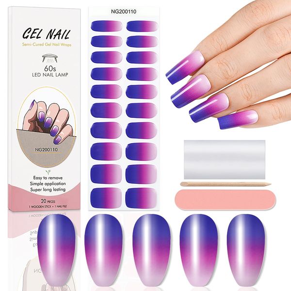 WOKOTO 20 Pcs Gradient Purple Semi Cured Gel Nail Strips With Nail File & Wooden Stick Semi Cured Gel Nail Wraps UV Light Gel Nail Stickers Nail Polish Strips Gel Stick On Real Nail Polish Stickers