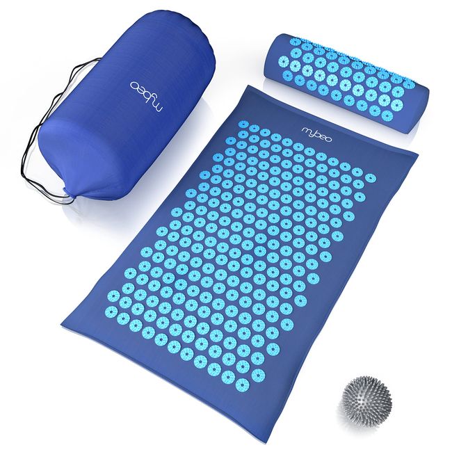 MyBeo Akupressurmatte mit Naturfasern, Akupressur Set mit Kissen + Massageball, Entspannung und Massage, Akupunkturmatte, ideal bei Verspannungen von Rücken Nacken Füße, Blau