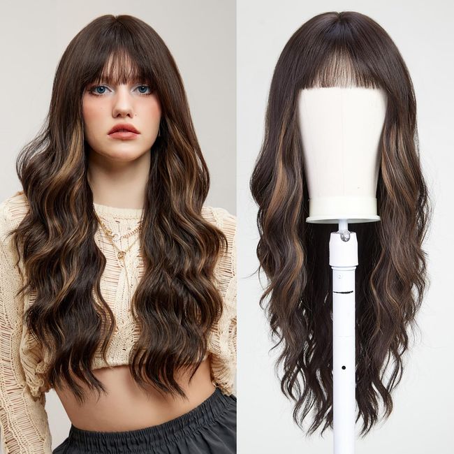 UEVIES Long Curly Brown Highlight Wigs With Bangs Wig for Women Synthetic Hair Wig for Party Cosplay Daily Use -26 inches