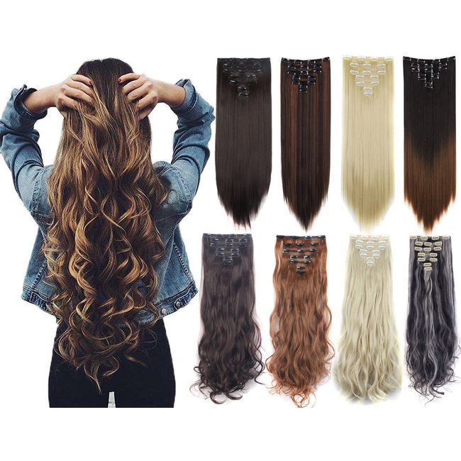 Lelinta 7Pcs 23" Thick Straight Full Head Clip in on Double Weft Hair Extensions Dark Brown mix Light Auburn