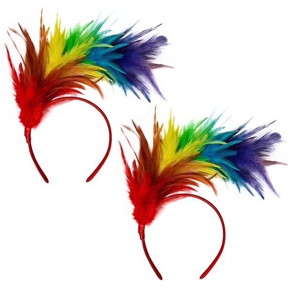 EUPSIIU 2 Pieces Rainbow Feather Headpieces, Carnival Headdress, Fascinators Hairbands, Party Headgear, Colorful Feather Headwear, Pride Hair Accessories, for Carnival Wedding Cosplay (Rainbow)