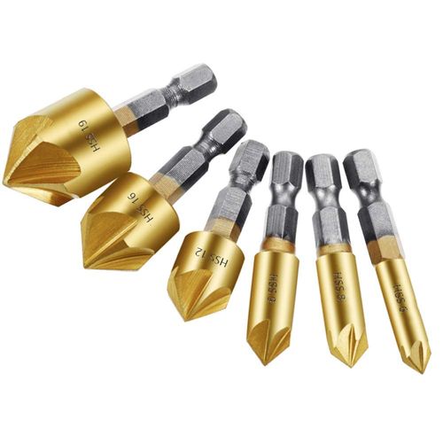 Saipor Countersunk Drill Bit, Countersunk Cone, Counterbore, Chamfering Cutter, Deburring Set, Hexagonal Shaft, 5 Blades, Drill Bit, Electric Drill Set, Set of 6