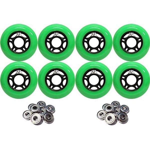 Player's Choice Outdoor Inline Skate Wheels 89a - Choose Size, Color, and Bearings (Green, 76mm 8-Pk, ABEC 9 Bearings)