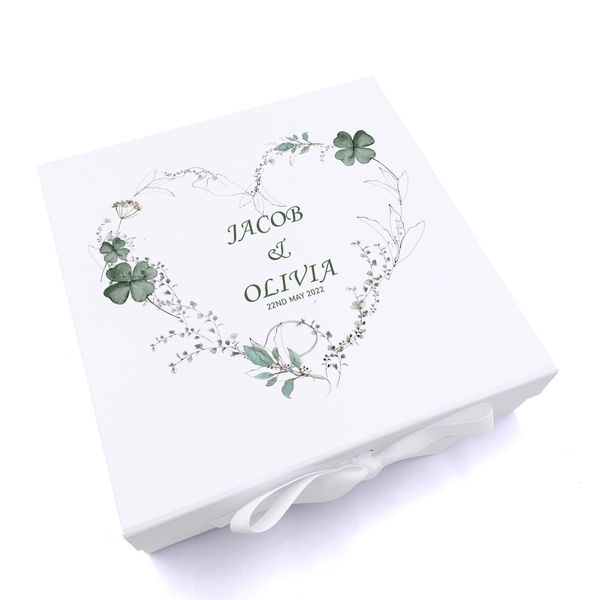 Personalised Wedding Box With Clover Leaf Floral Heart and Ribbon (Medium)
