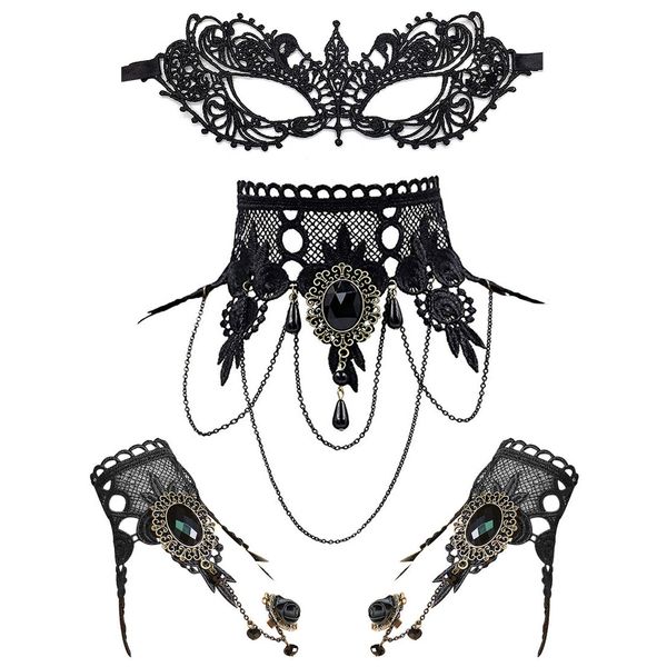 3Pcs Women Gothic Black Lace Mask Choker Necklace Bracelet Set Masquerade Party