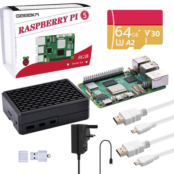 GeeekPi Raspberry Pi 5 8GB Starter Kit with 64GB SD Card, Raspberry Pi 5 Aluminium Passive Cooling Case Armour Case V5, 27W 5.1V 5A USB C Power Supply, 2pcs HDMI Cables for Raspberry Pi 5 (8GB RAM)