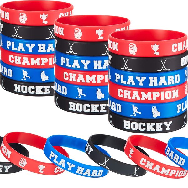 BBTO 24 Pieces Hockey Rubber Bracelets Silicone Hockey Wristband Stretch Rubber Bracelets for Sport Themed Party Supplies