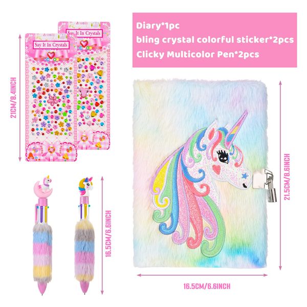 Heyu-Lotus Secret Diary with Lock for Girls Plush Unicorn Journal Notebook with Unicorn 6-in-1 Ballpoint Pens Crystal Flower Stickers Birthday Gift for Girls Children Thought Journal Writing