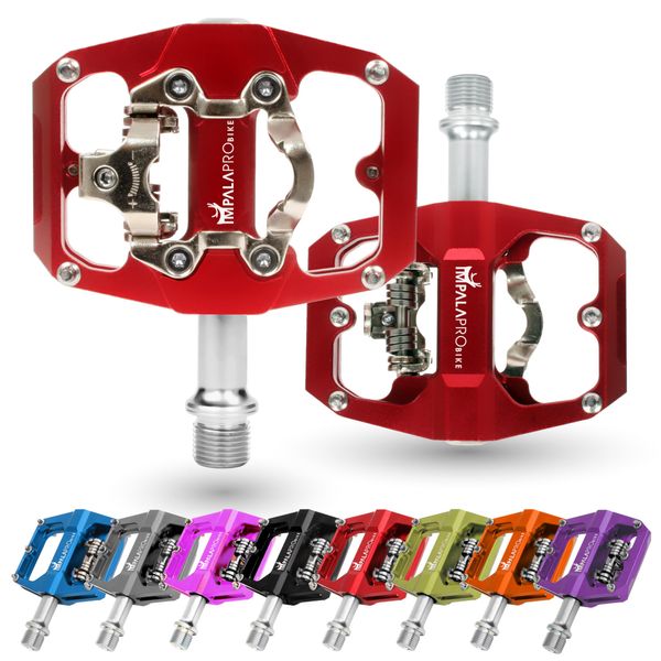 IMPALAPRO - Dual Function Bicycle Flat Pedals and SPD Pedals 9/16'' Compatible with Shimano SPD Pedals - Dual Platform MTB Flat Pedals and SPD Clipless Pedals (Red)