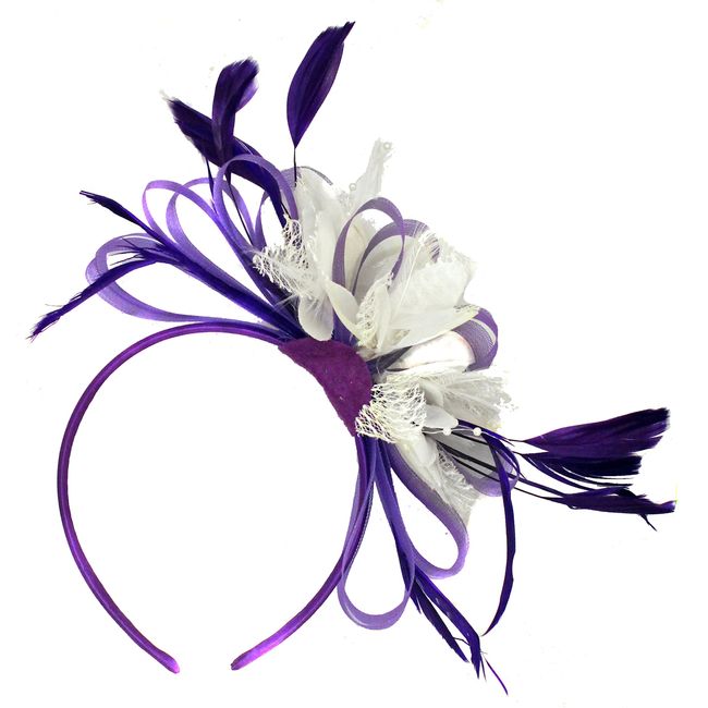 Caprilite Fashion Purple and White Net Hoop Feather Hair Fascinator Headband Wedding Royal Ascot Races