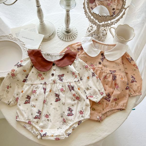 Baby Girl Flower & Deer Pattern Doll Neck Cotton Bodysuit - 66 (3-6M) / Apricot