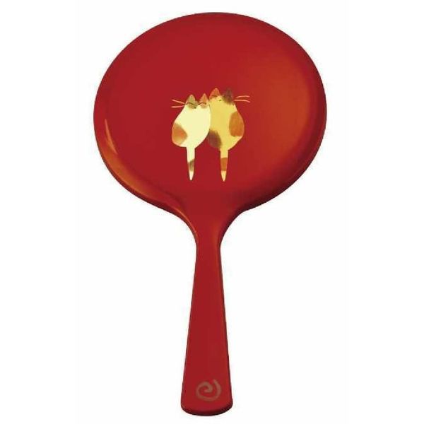 Aizu Lacquerware Gate Mirror (Vermilion, Good Friend Cat (Hand Draw))