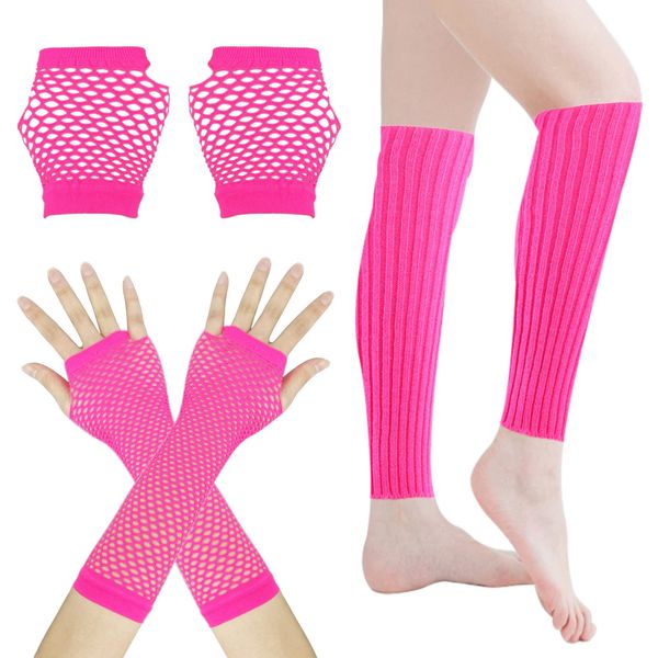 Grantop Fishnet Gloves Set, Pink Long and Short Fishnet Fingerless Gloves and Neon Leg Warmers for Women, Net Mesh Gloves 80s Fancy Dress Costume Accessory for Party Supplies (Pink)