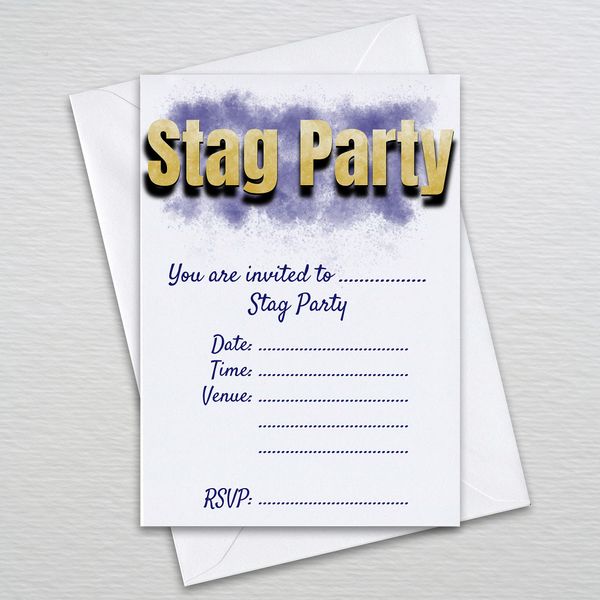 Pack of Stag Do Party Invitations & Envelopes - Stag Night Blue & Gold Invites (Pack of 20 with Envelopes)