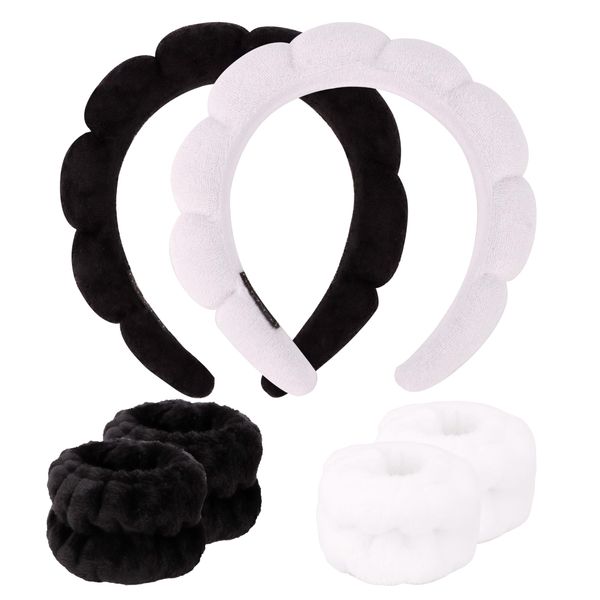 AOPRIE SPA Headbands for Washing Face Makeup Headbands with Bow Hair Band Women Facial Head Band Wrist Towel Wraps For Shower Face Mask Black White, 6 Pack