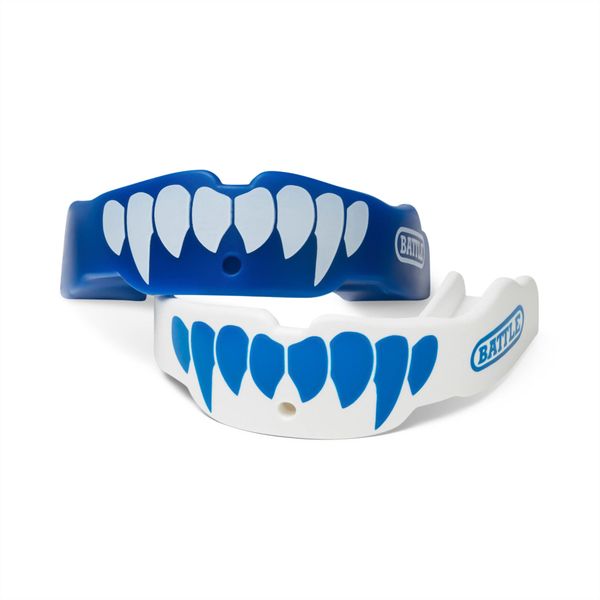 Battle Fangs Football Mouthguard – Sports Mouth Guard with Removable Strap – Protector Mouthpiece Fits With or Without Braces on Teeth – Adult & Youth Mouth Guard Sizes, 2 Pack, Adult (Age 10 & Up), Blue/White