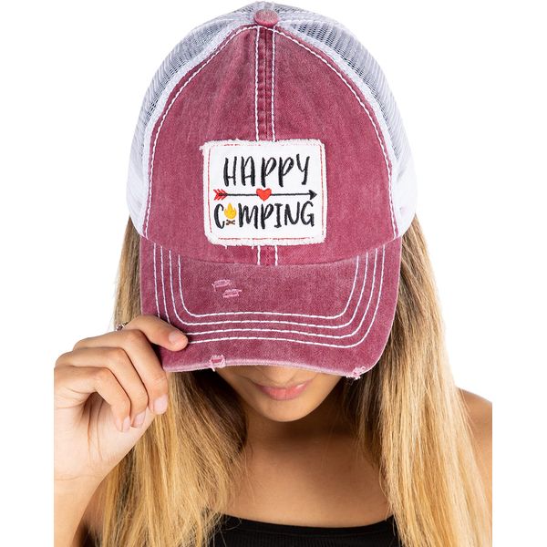 Patch Mesh Baseball Hat - Happy Camping (Burgundy)
