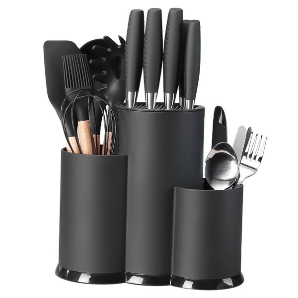 3-in-1 Knife Block Without Knives, Knife Block Black with Slots, Universal Unequipped Knife Blocks, Kitchen Aid Storage, Knife Block Organiser, Cutlery Holder Suitable for All Kitchen Knives