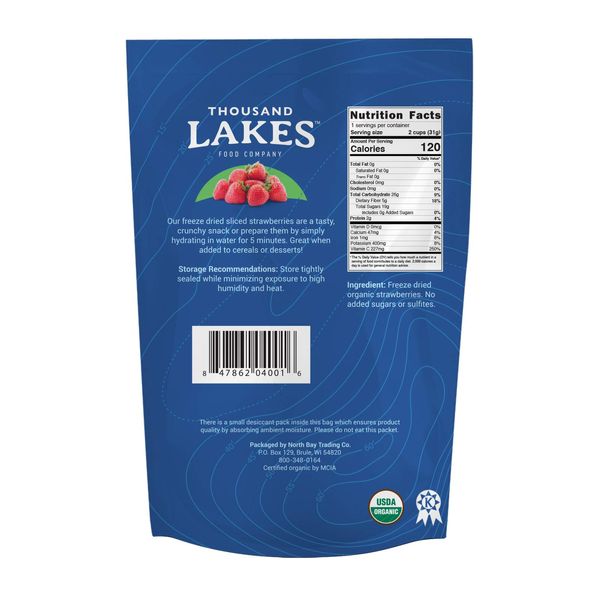 Thousand Lakes Freeze Dried Fruit - ORGANIC Strawberries 4-pack 1.1 ounces (4.4 ounces total) | No Sugar Added | 100% Sliced Organic Strawberries