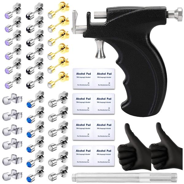 Professional Ear Piercing Kit with 36 Diamond Stud Earrings and Black Ear Piercing Gun 8 Alcohol Pad for Salon and Home Use