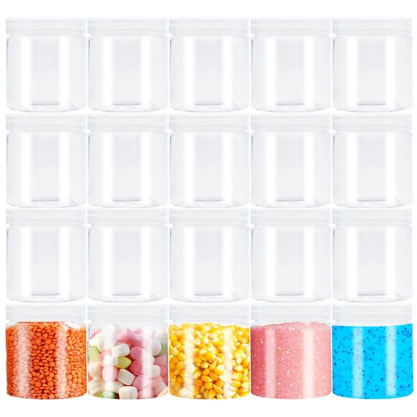 20Pack 4oz Clear Plastic Slime Containers with Lids,Round Refillable Travel Storage Sealed Jars Wide Mouth Container for Candy,Makeup,Cosmetics,Lotions,Eye Shadow,Cream,Butters
