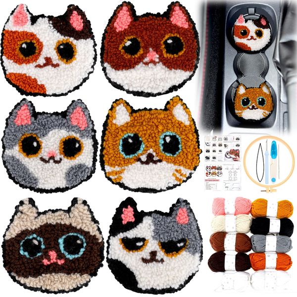 XEFINAL 6 Set Punch Needle Coasters Kit Cat Shaped Punch Needle Embroidery Kit for Beginners and Adults with Yarns Instruction Patterns Hand Tools DIY Coaster Art Craft Supplies (Cat)