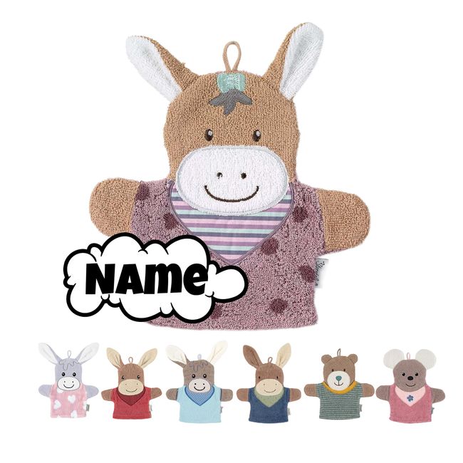 Sterntaler Waschlappen Kinder personalisiert | Waschhandschuh | Waschlappen Frottee mit Namen bestickt | 100% Baumwolle | Baby Geschenke (Pauline Esel flieder)