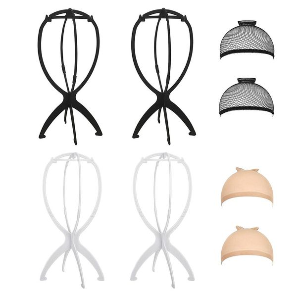 4 Stücke Perücke-Standplatz Perückenständer Perücken Kopfhalter Zerlegbarer Wig Stand Holder Perücke Ständer mit Extra Perückennetzen für Perücken Oder Hut (Schwarz+ Weiß)