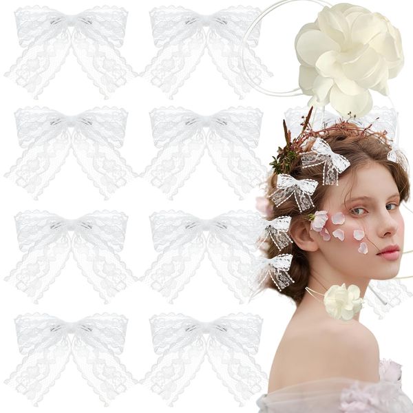 11Pcs White Lace Bow Hair Clips With Flower Choker Necklaces for Women Girls Metal Alligator Bowknot Hairpin Hollow Out Butterfly Hair Barrettes Hair Accessories for Bridal Wedding Party Headdress