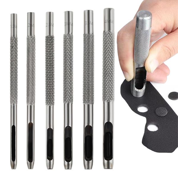 6 Pcs Leather Belt Hole Puncher Tool For Leather Oval Leather Punch Assorted 1.5-4MM Hollow Leather Punches Leathercraft Round Hole Punching Tools for Leather Watch Band Leather Belt Gasket Belt