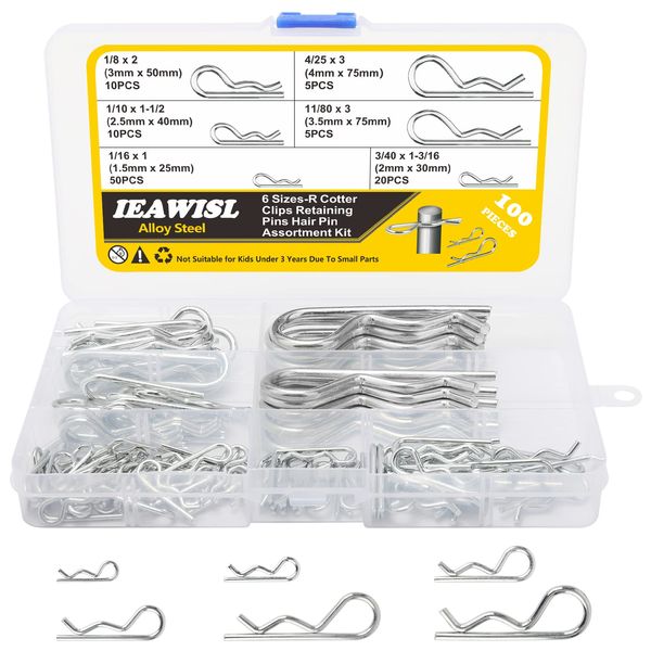 R Clips, 100Pcs Cotter Pins Assortment Kit- 6 Sizes Retaining Hair Pins Zinc Plated Steel Split Pins Fastener Fitting Set for Lawn Mower, Machinery, Garage, Trucks, Small Engine Repair