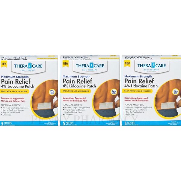 Lidocaine Patch 4% ( 4 x 5.5in ) THERACARE 5 patches / box ( 3 boxes ) ~