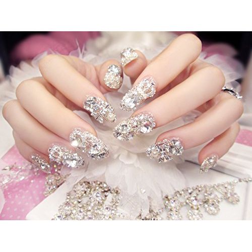 Bride Nail Handmade Nails, Rhinestone Ribbon Sparkling, Full Tip, Simple Nail Tip, Set of 24, Artificial Diamond, Double Sided Adhesive Tape, Wedding, Party, After-Party, Zircon (A36)