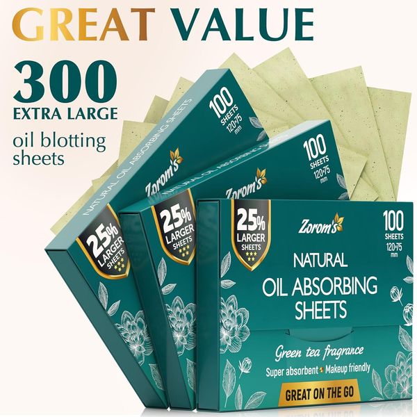 Natural Green Tea Oil Blotting Sheets for Face -25% Larger- 3 Pack (300 Sheeets)