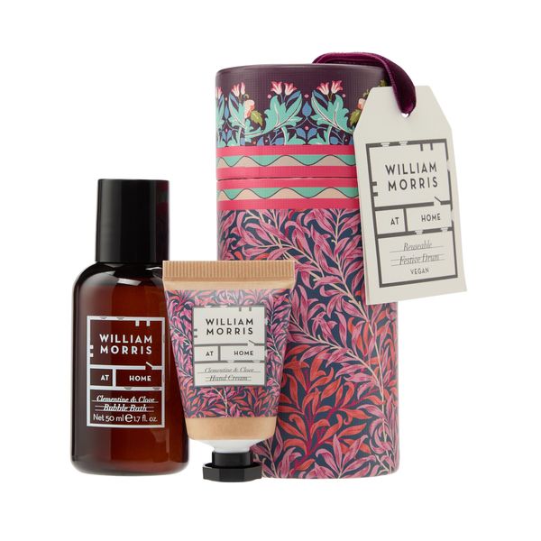 William Morris At Home Bird and Yare, Festive Drum With Bubble Bath 50ml and Hand Cream 15ml, Travel Size and Vegan Friendly, Beauty Christmas Gift and Stocking Filler