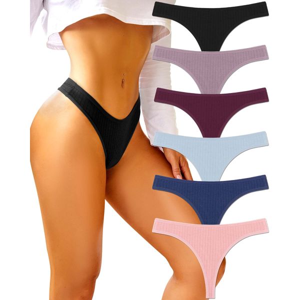 FINETOO 6 Pack Cotton Thongs for Women Breathable Low Rise Bikini Panties Womens Thong Underwear Sexy S-XL