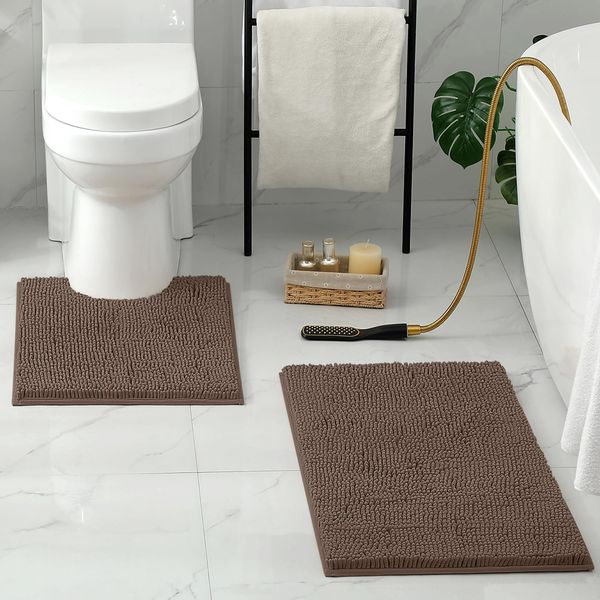 HOMEIDEAS 2 Pieces Bathroom Rugs, Ultra Soft Non Slip Absorbent Chenille Toilet Bath Mat Set (Brown)