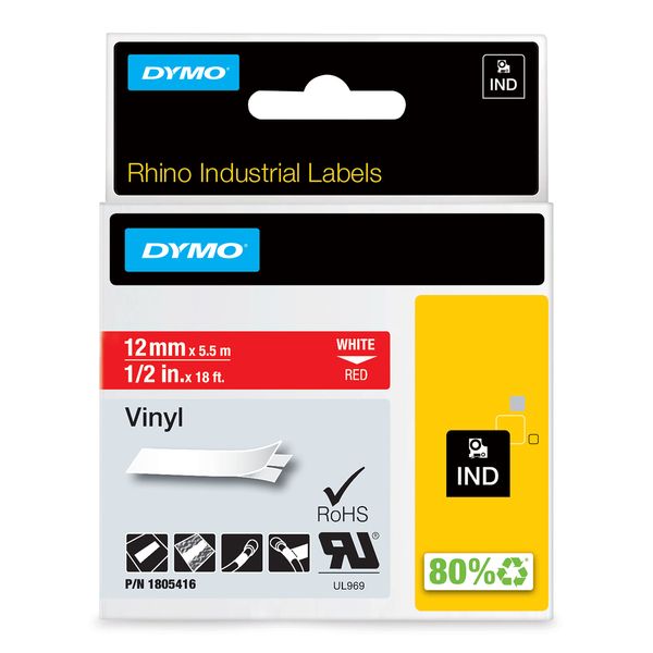 DYMO Rhino Industrial Vinyl Labels | 12 mm x 5.5 m | White Print on Red | Self-Adhesive | for LabelManager & Rhino Label Makers