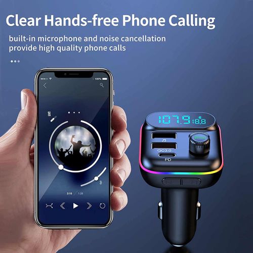 Bluetooth Adapter for Car, Wireless FM Radio Transmitter, Wireless Bluetooth 5.0, MP3 Music Player, QC3.0 + PD 20W USB Car Charger, 7 Colors LED Backlit