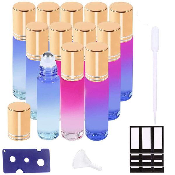 SUXNOS Essential Oils Roller Bottles 10ml 12PCS Rainbow Glass Bottles Refillable Container Aromatherapy (Funnels, openers, labels, plastic pipettes included) Ideal for Home and Travel