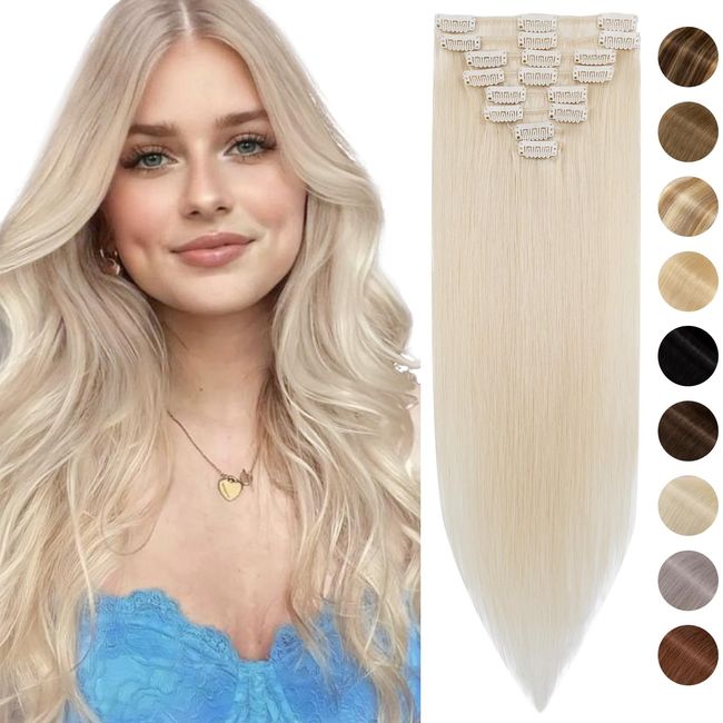 Silk-co Echthaar Clip In Extensions 8 Tressen 18 Clips 70g, Blonde Hair Extensions, Remy Echthaar Clip In Extensions Haarverlängerung 70# Weißlich 45cm