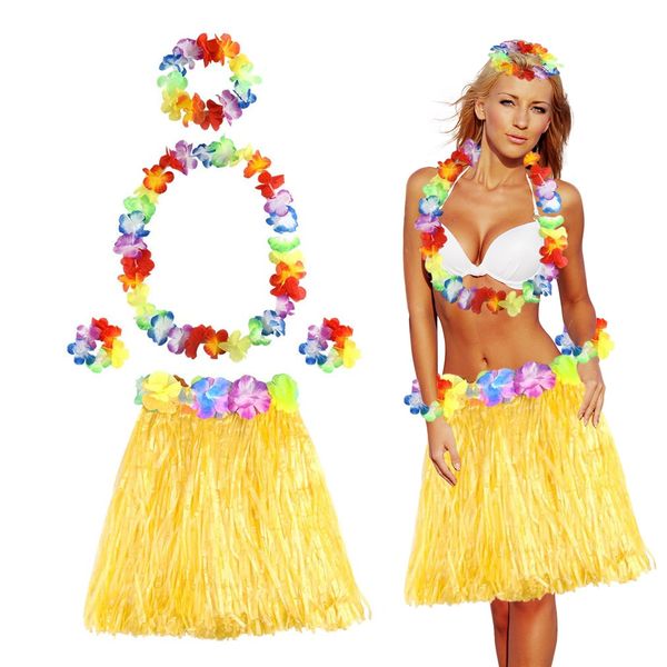 Carreneu Bastrock Hawaii Damen Hawaii Kostüm Hawaii Rock Damen Hula Rock Kostüm Hawaii Damen Bastrock Hawaii Damen für Cheerleading Strand Party Ostern mit 1 Haarblume 1 Halskette 2 Armbänder（Gelb）
