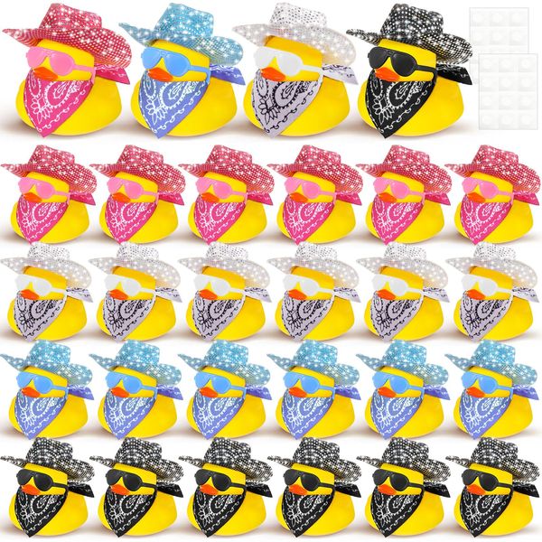 Hanaive 24 Sets Disco Cowboy Rubber Duck with Light up Mini Holographic Space Hat Scarf Sunglasses Cute Bath Rubber Duck Bathtub Accessories Toy Baby Shower Birthday Christmas Supplies (Bling Style)